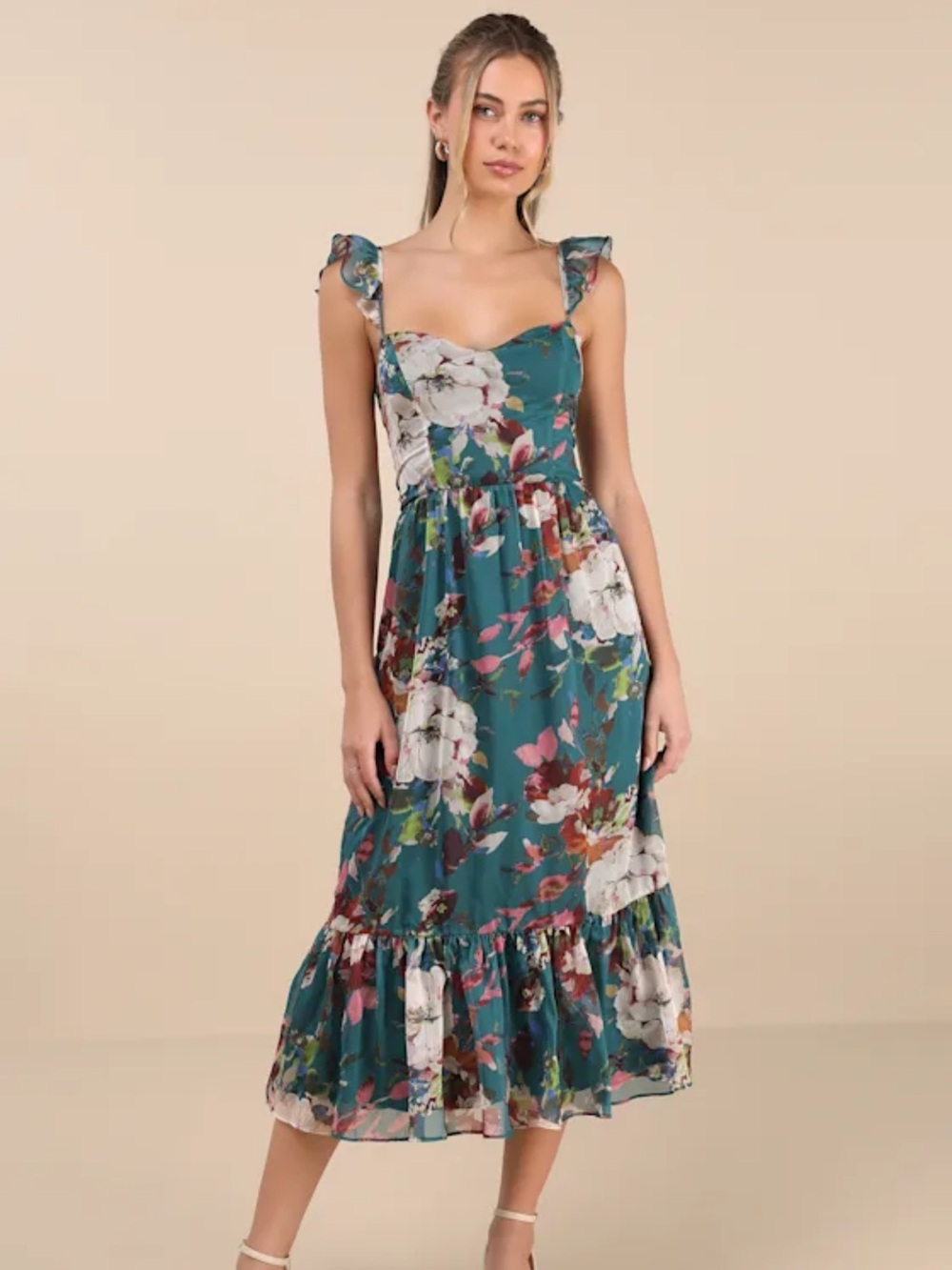 NWT Lulu’s Floral Ruffle Midi Dress in Green Size Large